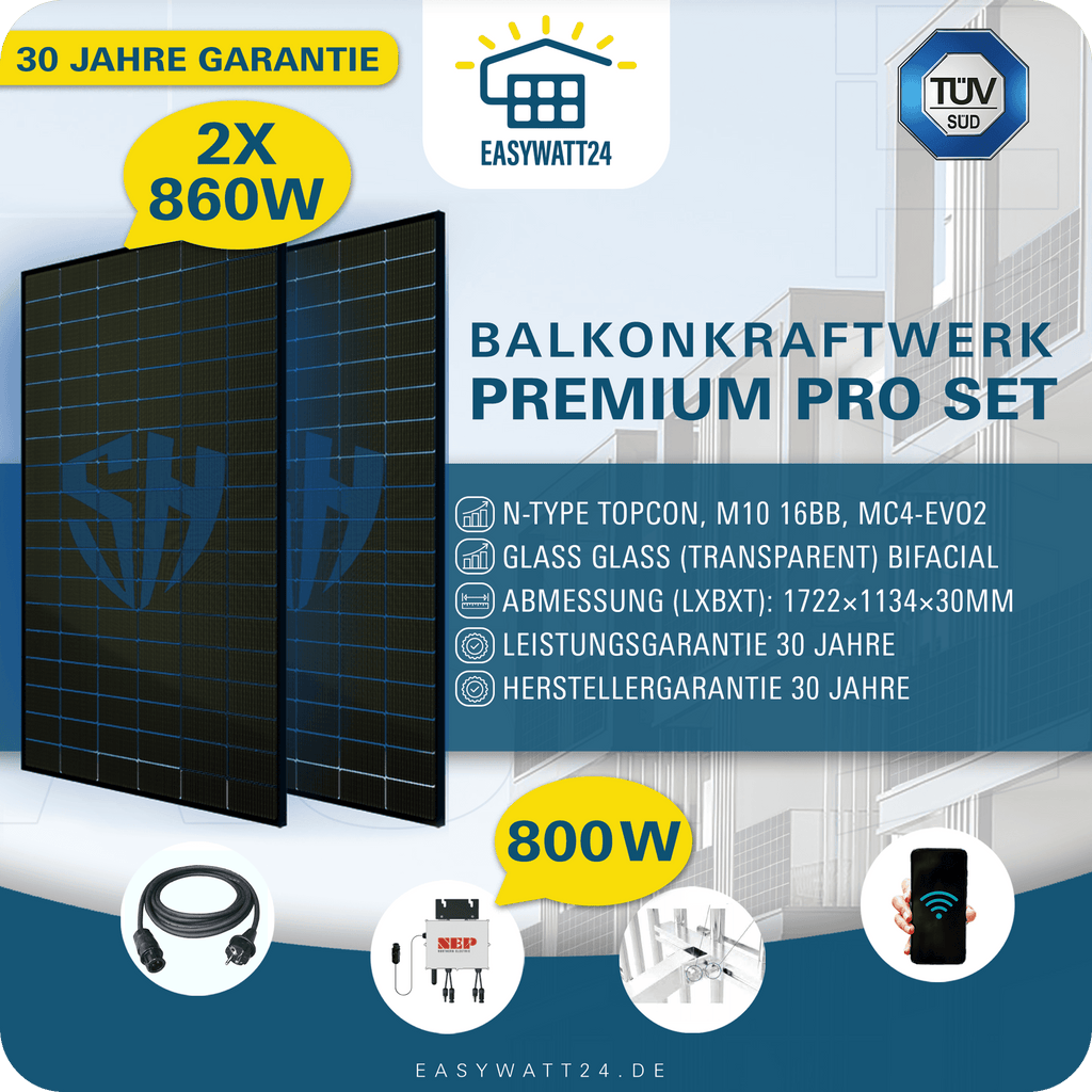 Balkonkraftwerk Premium Pro DoppelGlas 860W Komplett mit NEP BDM-800 MIKROWECHSELRICHTER MIT WLAN