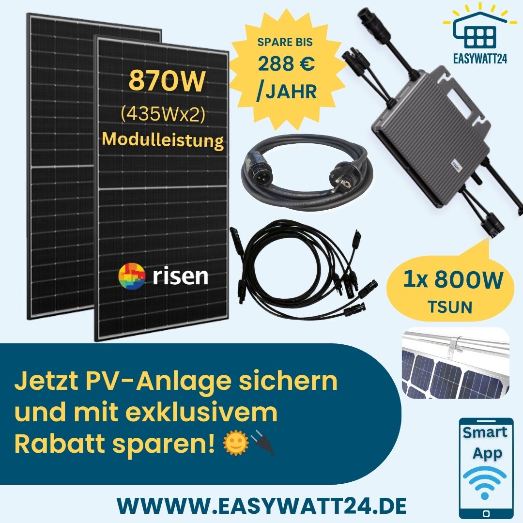 Balkonkraftwerk Komplettset Basic 870W - TSUN 800W Wechselrichter 3. Gen - Plug-and-Play Solaranlage für Balkon & Garten - einfache Halterung