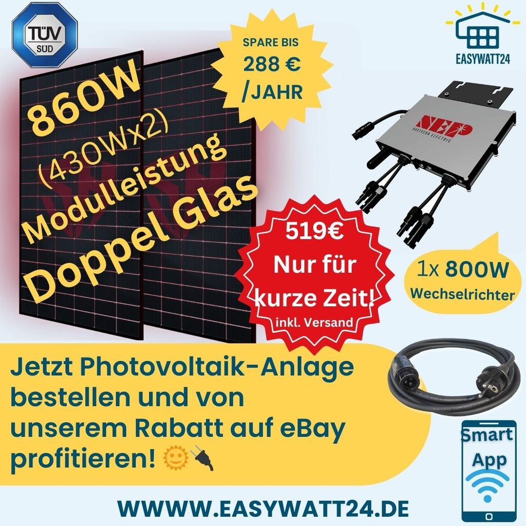 Schwarze Solar-Sets für Balkon. eBay-Angebot für ein Balkonkraftwerk mit 860W/800ً Ebay