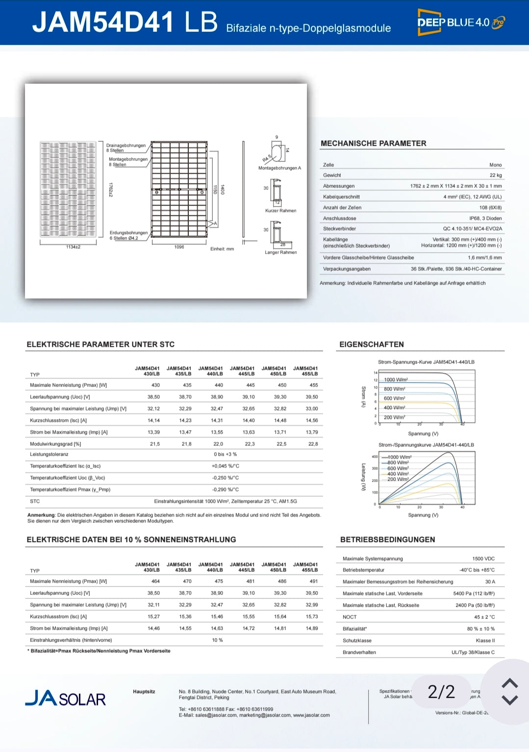 Solarmodul Ja Solar 450W Bifazial Glas-Glas Full Black JAM54D41-LB | Photovoltaik – Solarpanele Balkonkraftwerk
